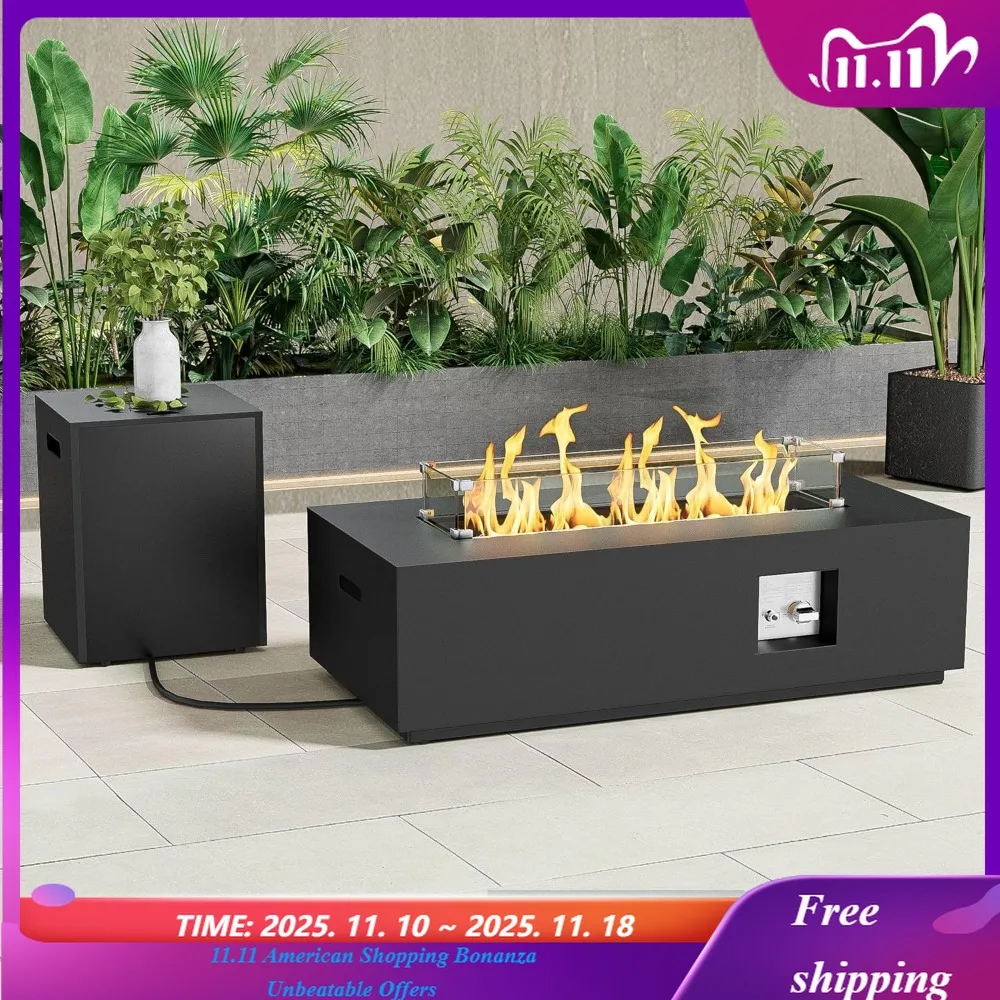 

42-дюймовый прямоугольный стол для костра на пропане, каминный стол на 50 000 БТЕ с ветрозащитой, крышкой, камнями и крышкой — комоды для пожара и на открытом воздухе