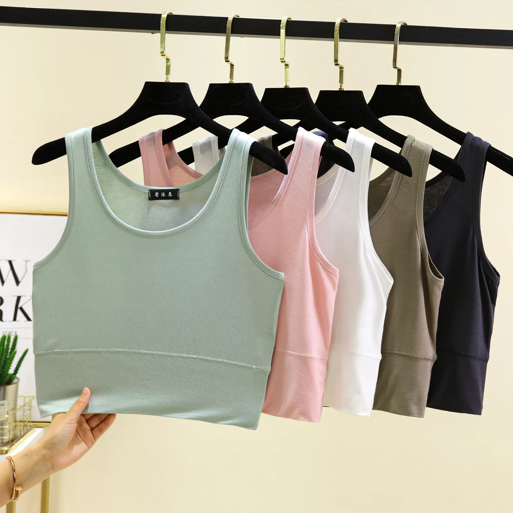 Modal O คอเสื้อครอปยืดหยุ่นเสื้อกล้ามสั้นฤดูร้อนเสื้อกล้ามแขนกุดสีทึบ SLIM FIT เสื้อกั๊กชั้นใน