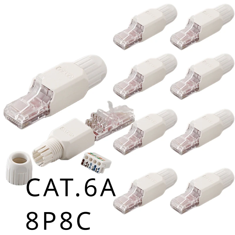 RJ45,8P8C bebas alat CAT.6A, kabel jaringan kepala kristal berlubang cangkang plastik adaptor