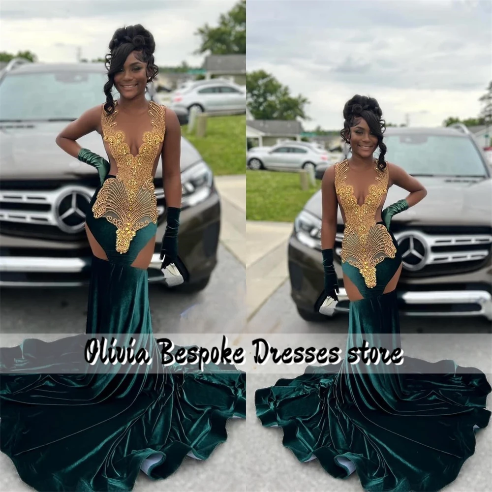 Exquisite Dark Green Birthday Prom Dresses Gold Beaded Rhinestones With Gloves Black Girls vestidos de fiestas elegantes mujer