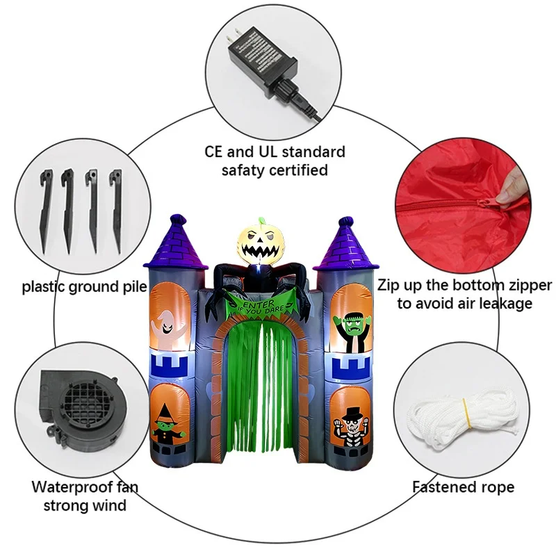 24-meter Halloween Inflatable Haunted House Castle Archway Pumpkin Ghost LED Lights Outdoor Patio Decorative Ornaments Polyester