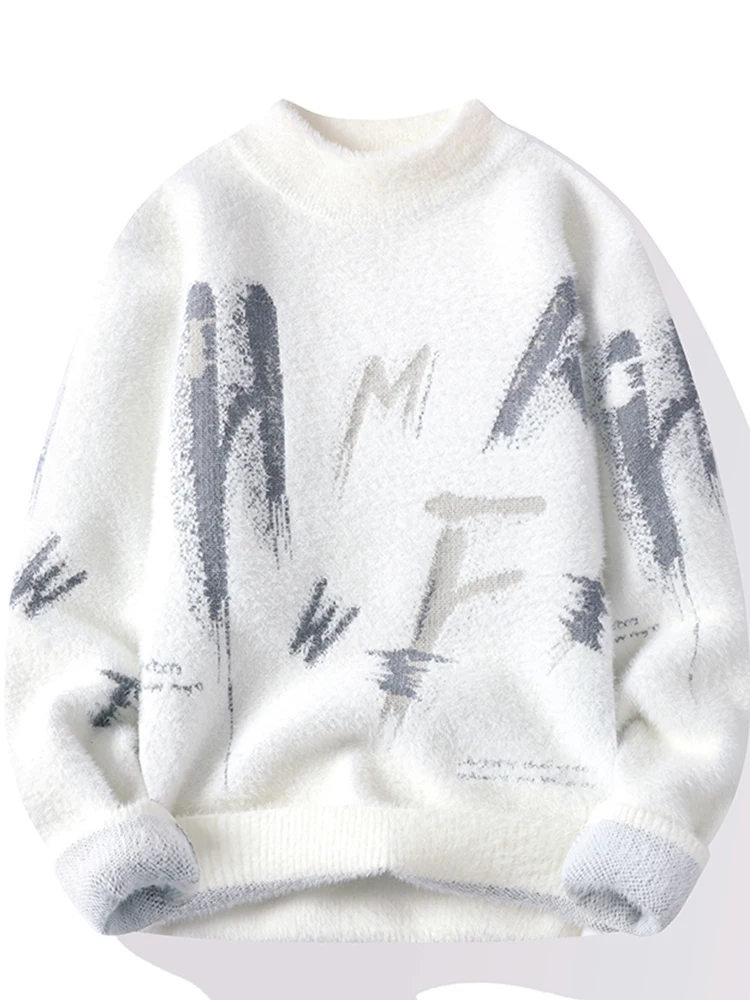 

Мужской вязаный свитер из искусственного меха норки, осенне-зимний теплый топ, круглый вырез, длинный рукав, повседневный свободный крой, смесь полиэстера и нейлона