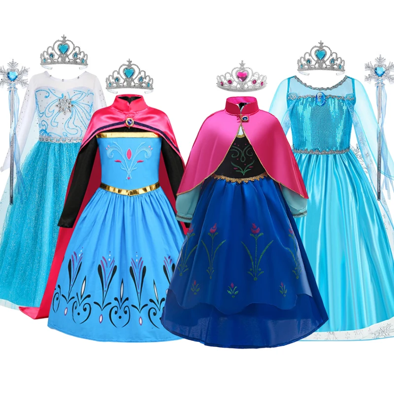 Frozen Elsa Anna Princess Dresses Kids Girls Cosplay Long Sleeve Mesh Cape Snow Queen Costumes Carnival Birthday Party Gown Ball