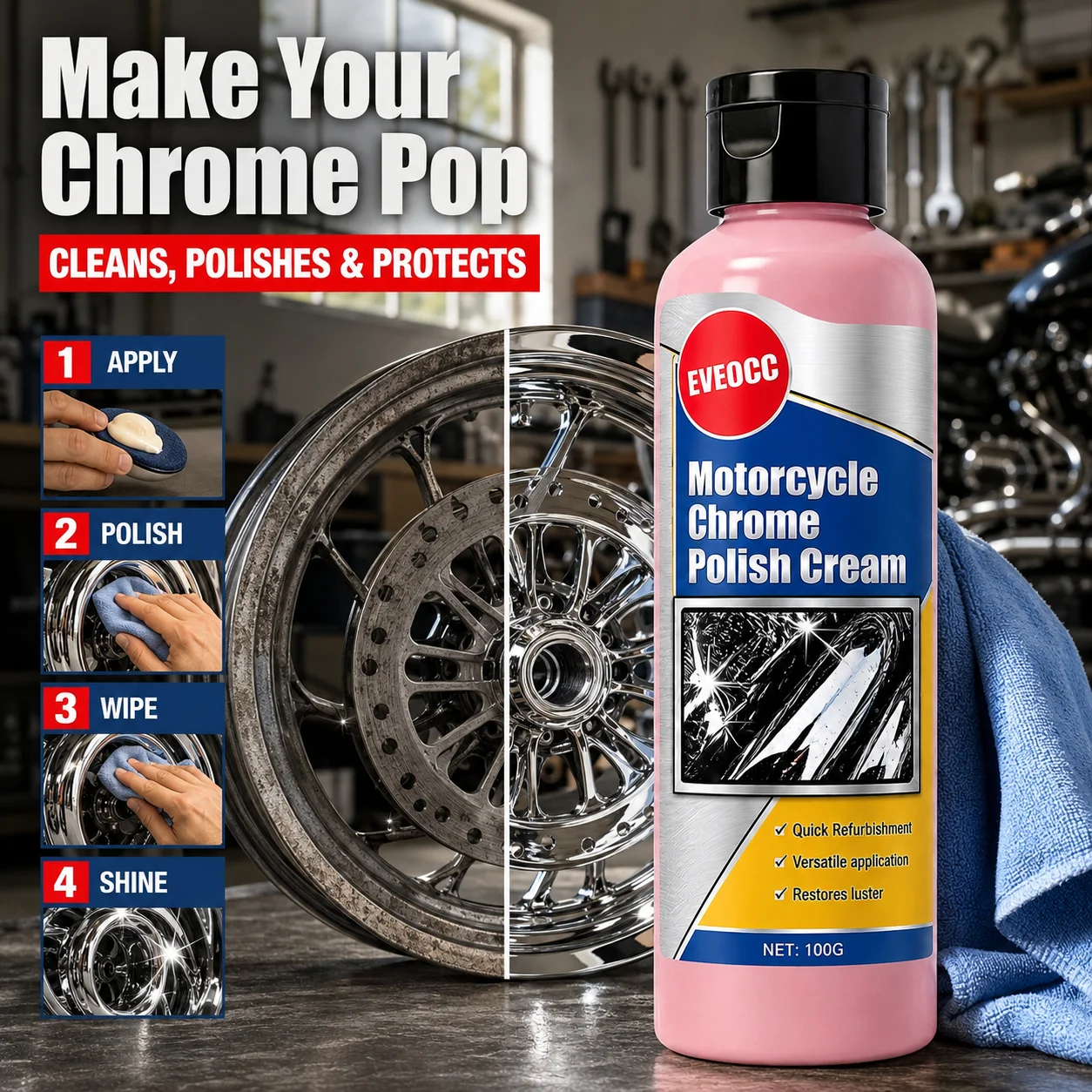 EVEOCC Multi‑use Chrome Polishing Cream 100g, Motorcycle Metal Surface Renovator Brightener Oxidation Cleaner for Metal Accessor