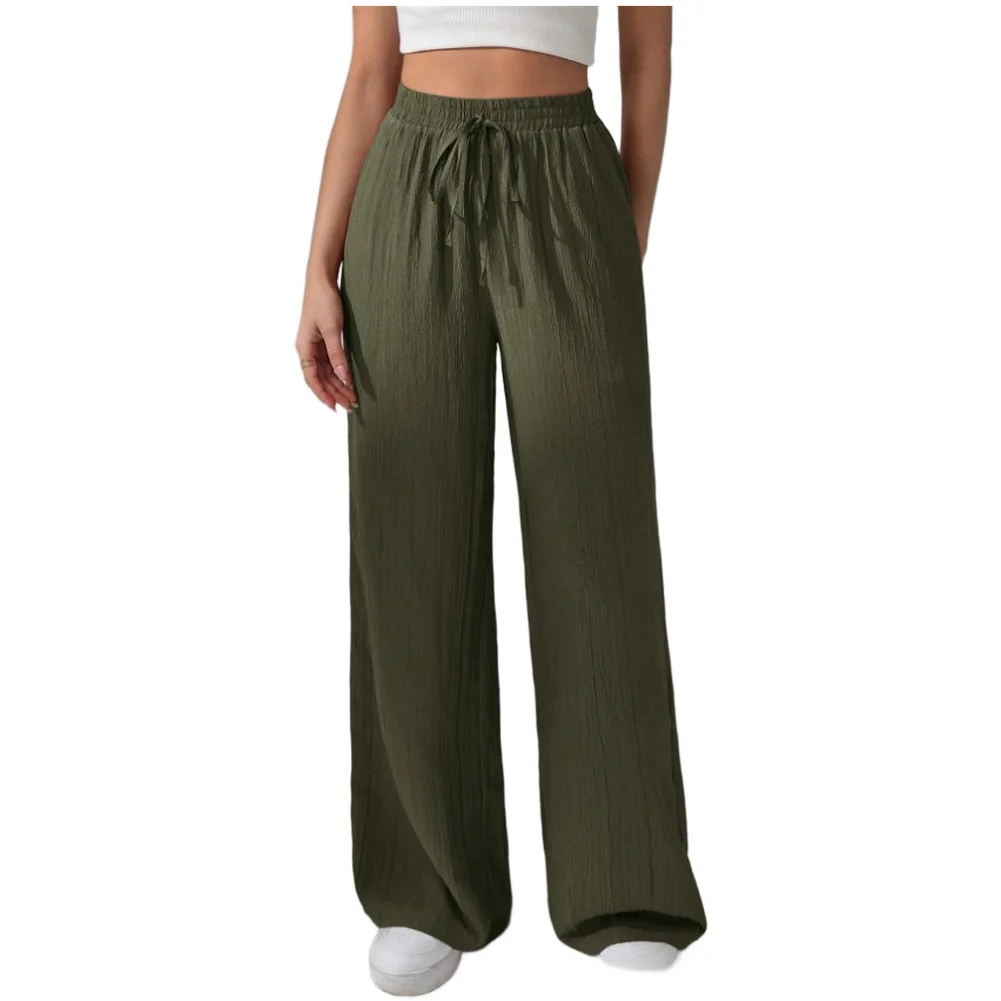 Womens Casual Comfortable Cotton Wide Leg Pants Waist Trousers Summer Fashion
