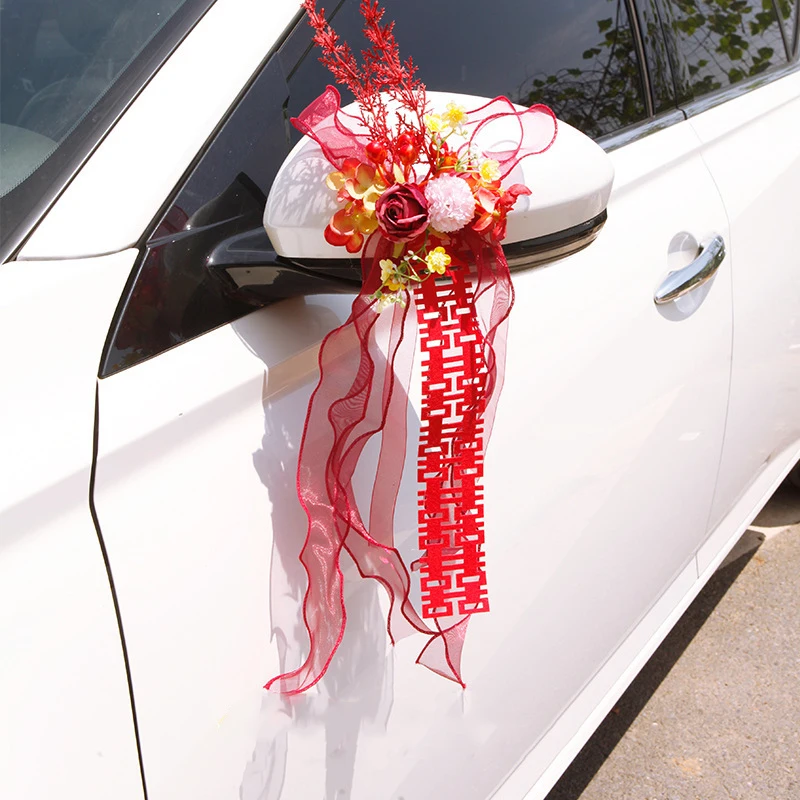 

2pcs Artificial Flower Wedding Car Door Rearview Mirror Decoration Romantic Ribbon Bow And Chinese Character of Double Happiness