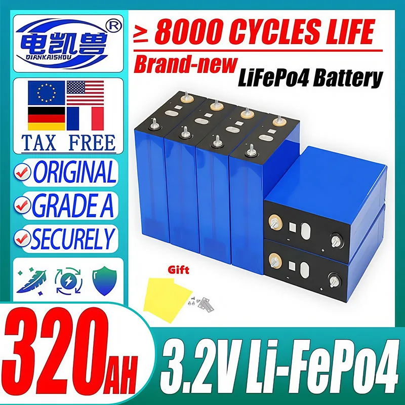 

8000 Cycles Grade A 320Ah LiFePO4 Battery 3.2V Lithium Iron Phosphate Rechargeable Cell DIY 12V 24V 48V RV EV Golf Cart Solar