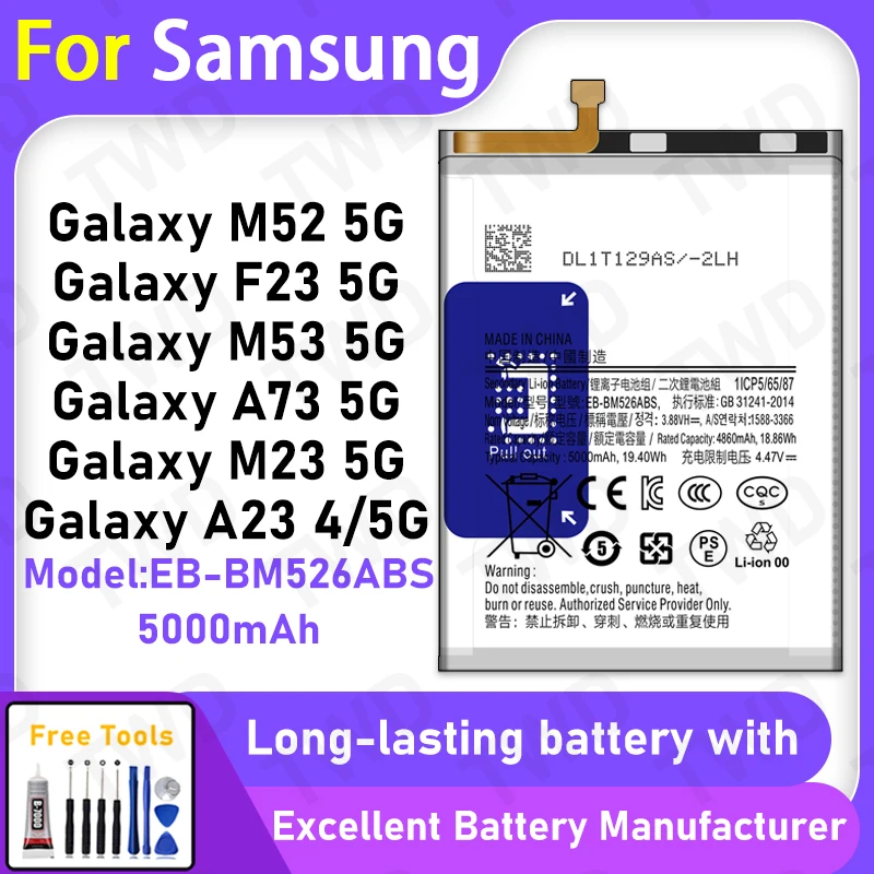 

100% New 5000mAh EB-BM526ABS Battery For Samsung Galaxy M52 5G/F23 5G/M53 5G/A73 5G/M23 5G Battery Replacement Bateria+Free Tool