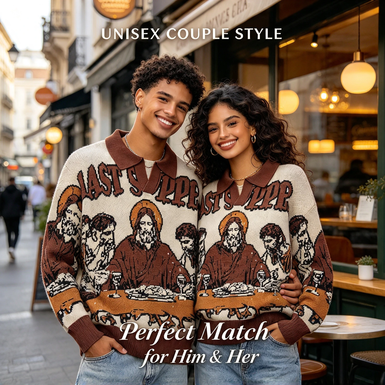 Men Vintage Last Supper Knit, Sweater Retro Jesus Graphic Pullover, Autumn Casual Streetwear Long Sleeve, Top Couple Gift Unisex