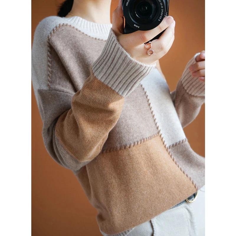 Autumn Winter Women Contrast Color Simple Casual All Match Knitted Sweater Female O Neck Long Sleeve Loose Pullover Tops Jumpers