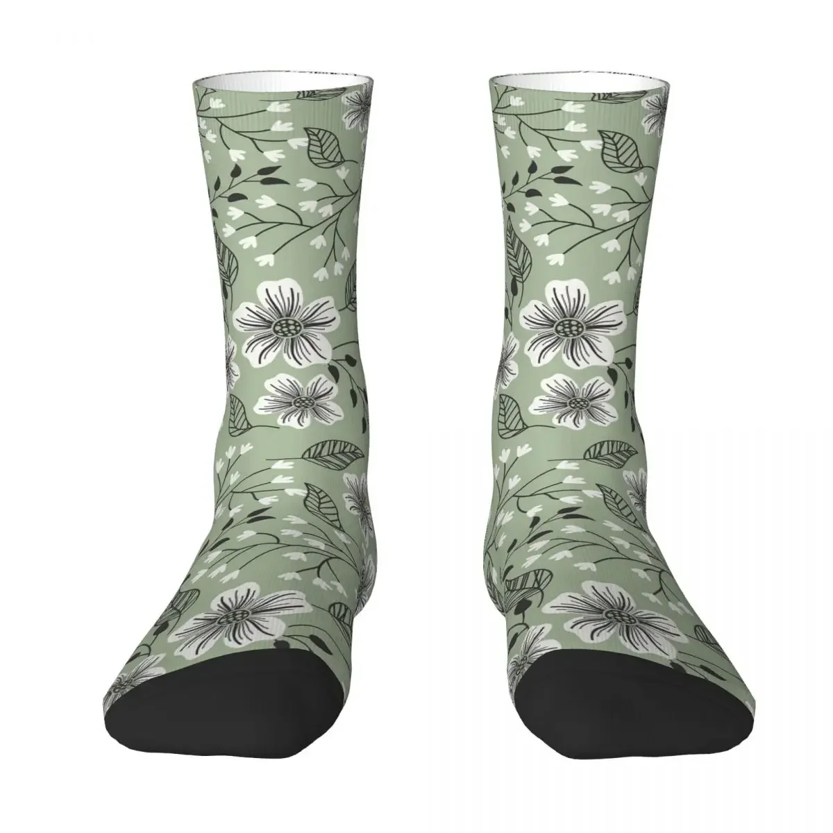 Sage Green Floral Socks Harajuku Sweat Absorbing Stockings All Season Long Socks Accessories for Man's Woman's Birthday Present