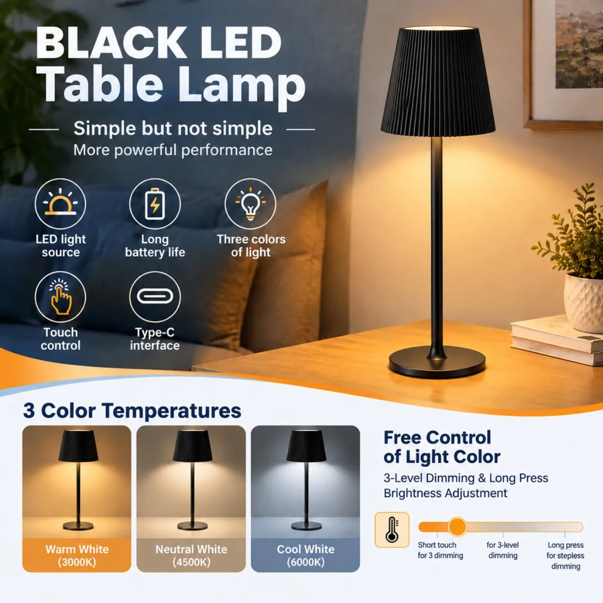 LED Table Lamp Touch Control 3 Color Temperature USB Rechargeable Stripe Desk Lamp Decorative Night Light for Bedroom Bedside