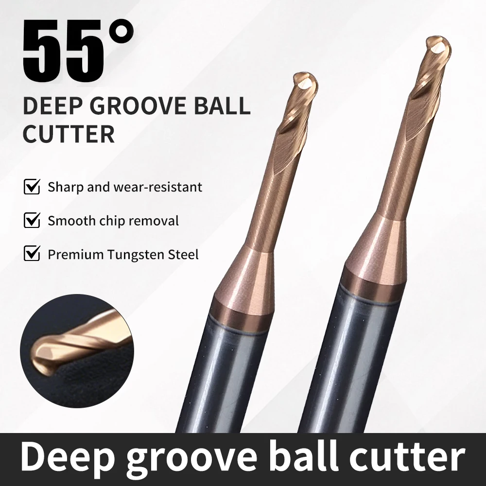 Augusttools HRC55 Deep Groove Ball Nose End Mill 2-Flute Solid Carbide Long Neck Milling Tool CNC Router Bits R0.5-1.5mm