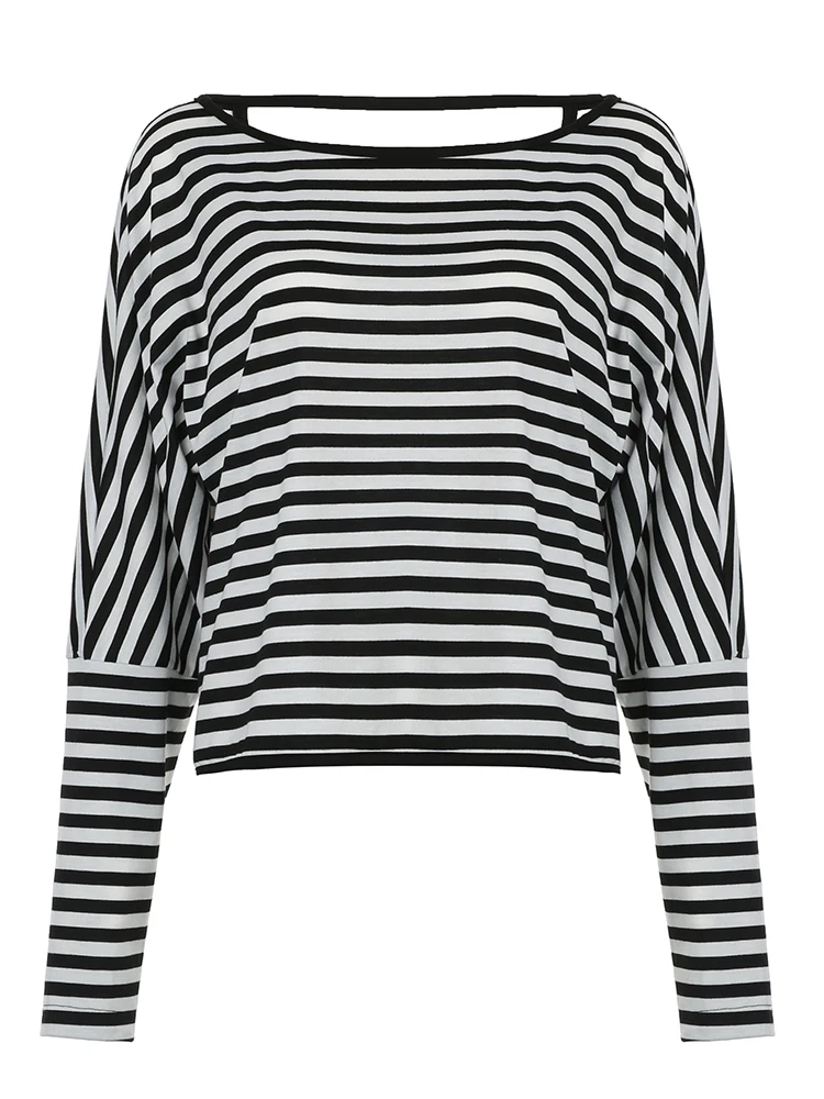 Twist Backless Loose Casual Stripe Long Sleeve T Shirt Women Contrast Binding O Neck Minimalist Pullover Tops