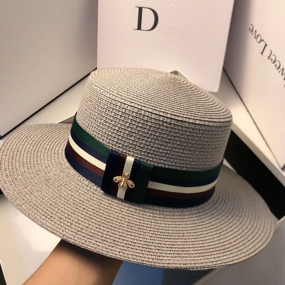 Multi Color Striped Bee Flat Top Straw Hat for Women, Summer Korean Fashion Wide Brim Sun Protection Cap
