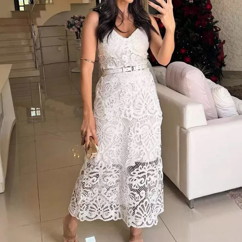 2025 Vestido de encaje sin mangas con cintura bordada, Vestido largo con forro Retro, Vestido elegante Sexy con cuello en V, Vestido ajustado para fiesta y discoteca para mujer