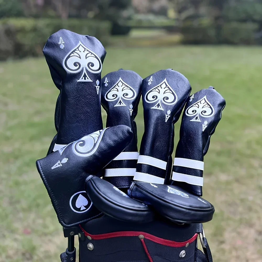 Premium Black Faux Leather Golf Club Headcovers - Spade A Design for Drivers, Fairways, Hybrids, Blades & Putters