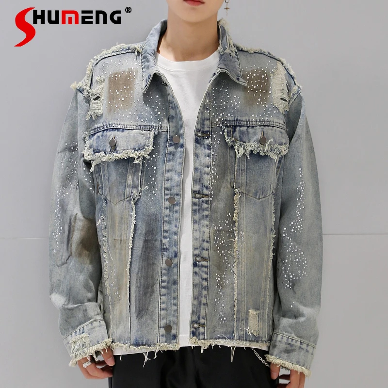 

Мужские весенне-осенние новые куртки 2024, модные джинсовые пальто в американском стиле, мужские свободные модные джинсовые куртки со стразами