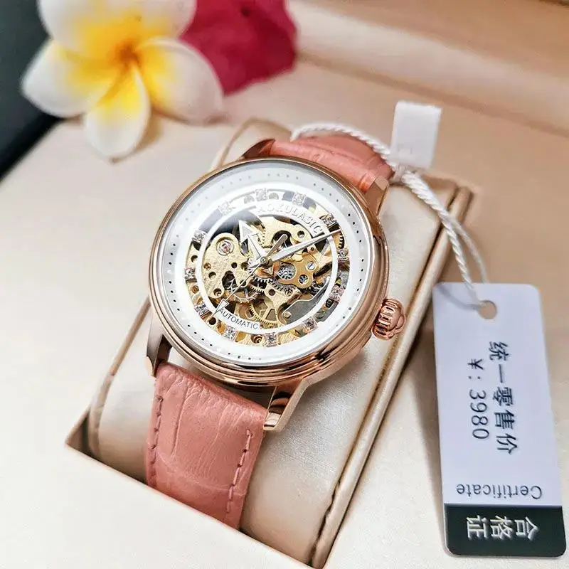 Stainless alloy Diamond Full Skeleton Luminous Waterproof Self-Wind Automatic Mechanical Exquisite watch for Women