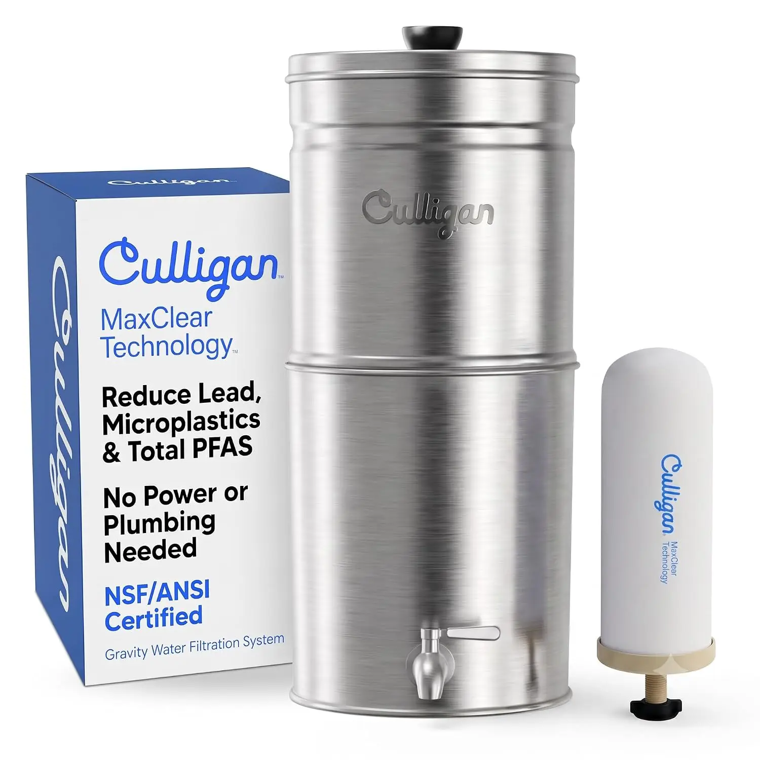 2.25 Gallon Gravity Water Filter System Eliminates Microplastics PFAS Lead NSF ANSI Certified Brushed Stainless Steel Countertop