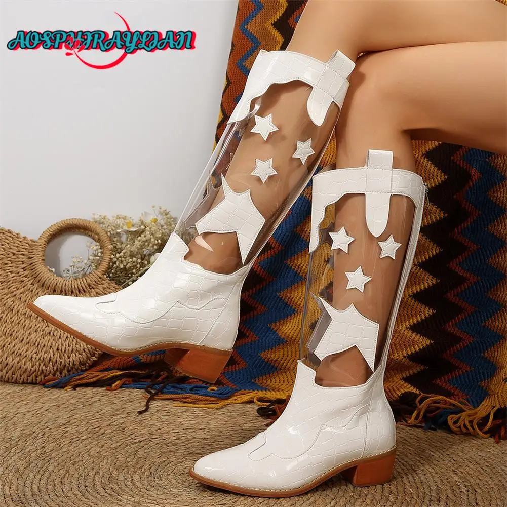 

New Ladies Pointed Toe Cowboy Boots Fashion PVC Star Chunky Heels women's Western Cowgirl Boots Party Spring Autumn Shoes Woman