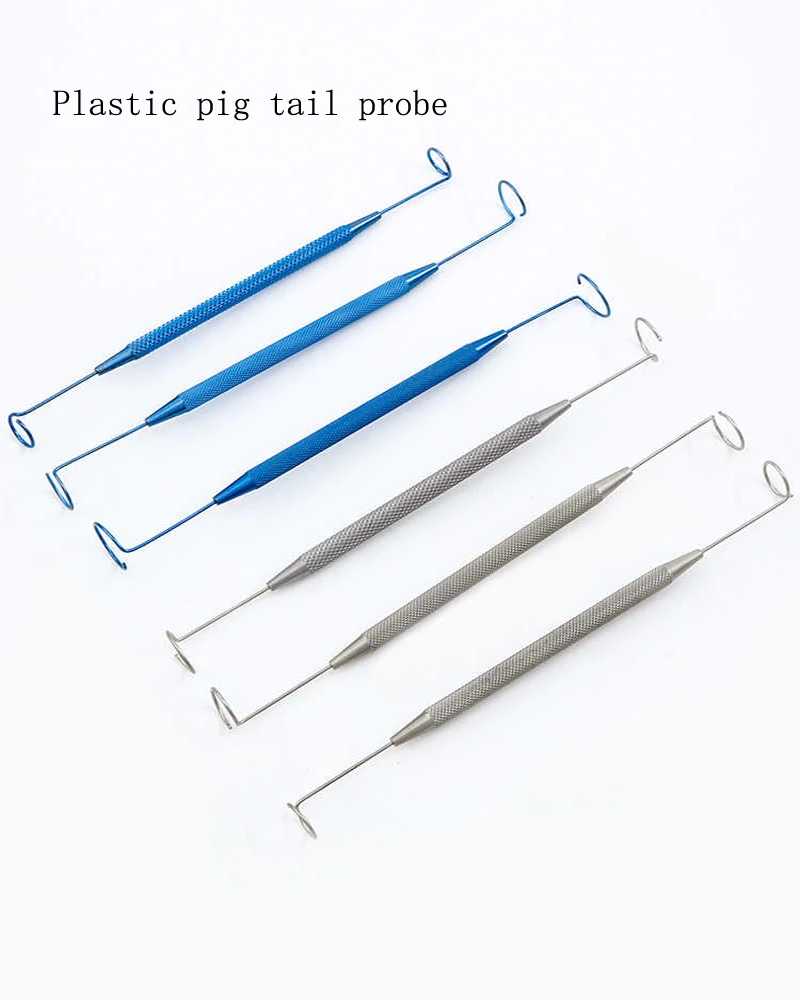 Ophthalmic pig tail probe plastic instrument Titanium alloy stainless steel lacrimal duct probe double-head flush perforated