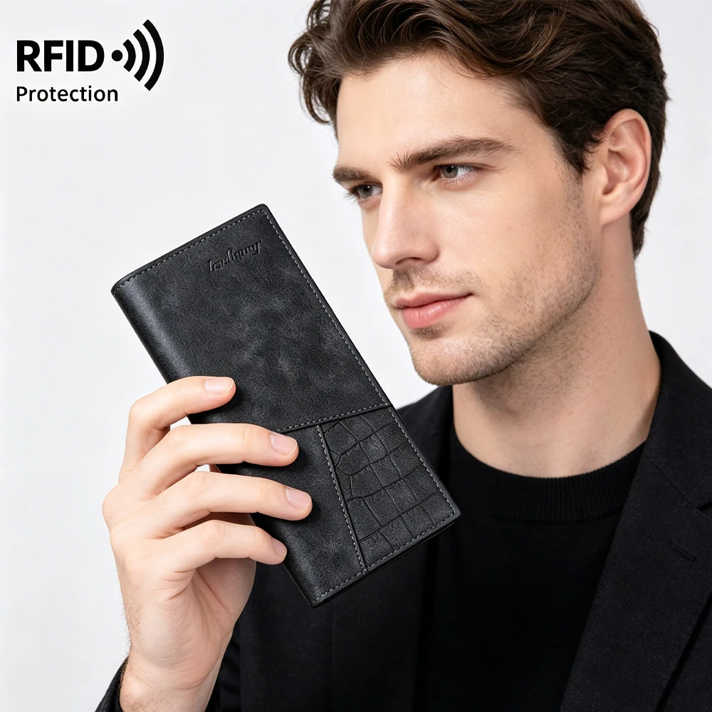 Baellerry RFID-blockierende lange Geldbörse für Herren, diebstahlsicheres PU-Leder mit 10-Karten-Organizer und Münzreißverschluss, Business