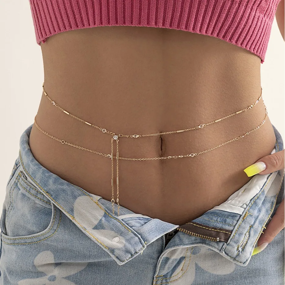 Waist Chain Creative Faux Crystal Round Beads with Metal Links Punk Design for Women Durable Gold Tone Casual Belly Chain