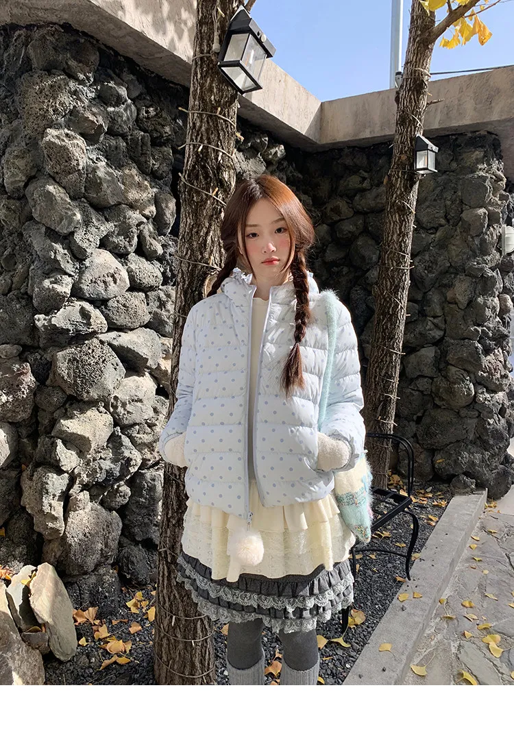 Korean Cropped Polka Dot Hooded Cotton-padded Jacket Women Zip Up Casual Winter Warm Outerwear Woman Sweet Cute Puffer Jackets