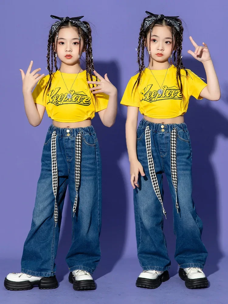 Fashion T Shirt Jeans Denim Pants Children Ballroom Hip Hop Costumes Dancing Clothes Jazz Street Dance Wear Dancewear for Girls