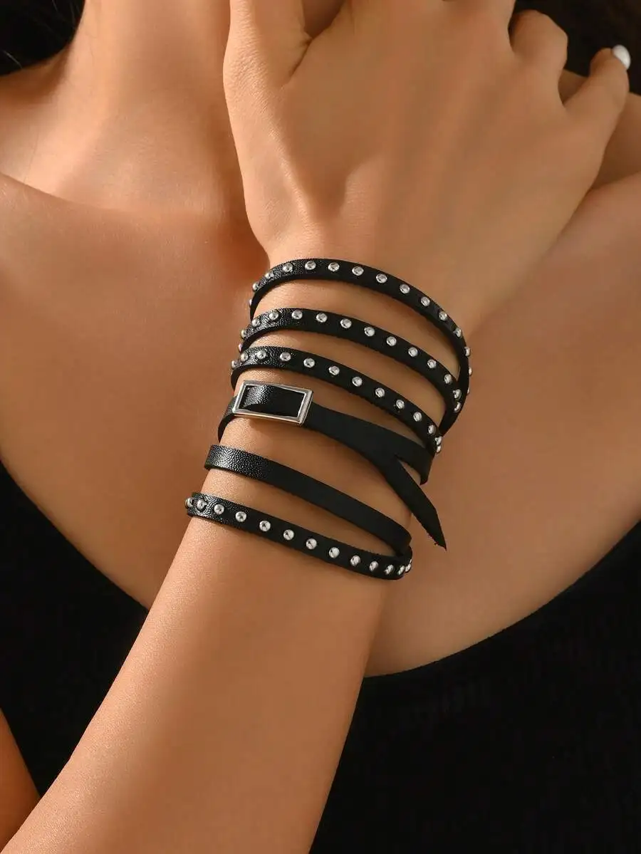 

Women Punk Style Black Leather Wrap Rivet Bracelet For Everyday And Party Wear