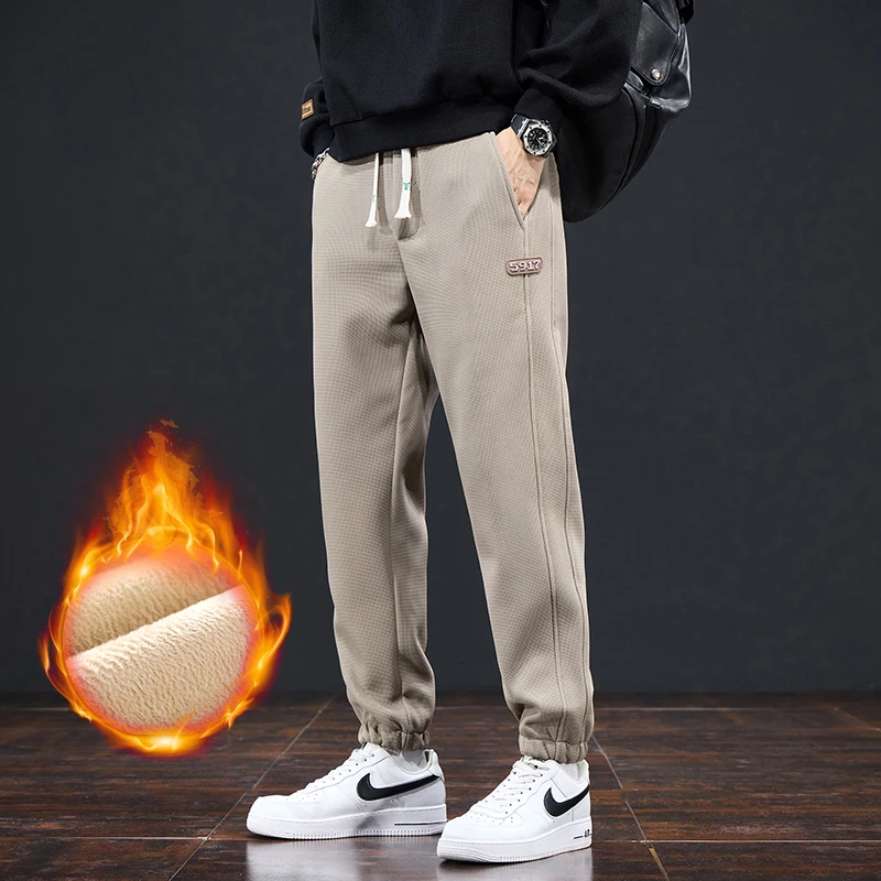 

Men's Waffle Ankle Pants Autumn/Winter Outdoor Sport Velvet Thick Warm Pants For Man Fashion Loose Straight Legging Trousers