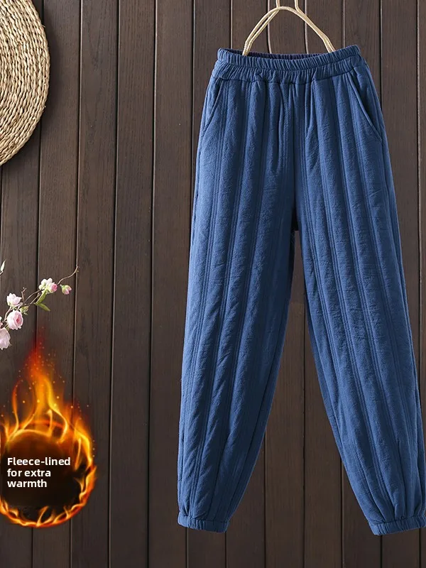 Winter Thiened Cotton Twill Boot Pants Women's Loose Stitched High Waist Cotton Trousers Artistic Casual Sle Small Footed...