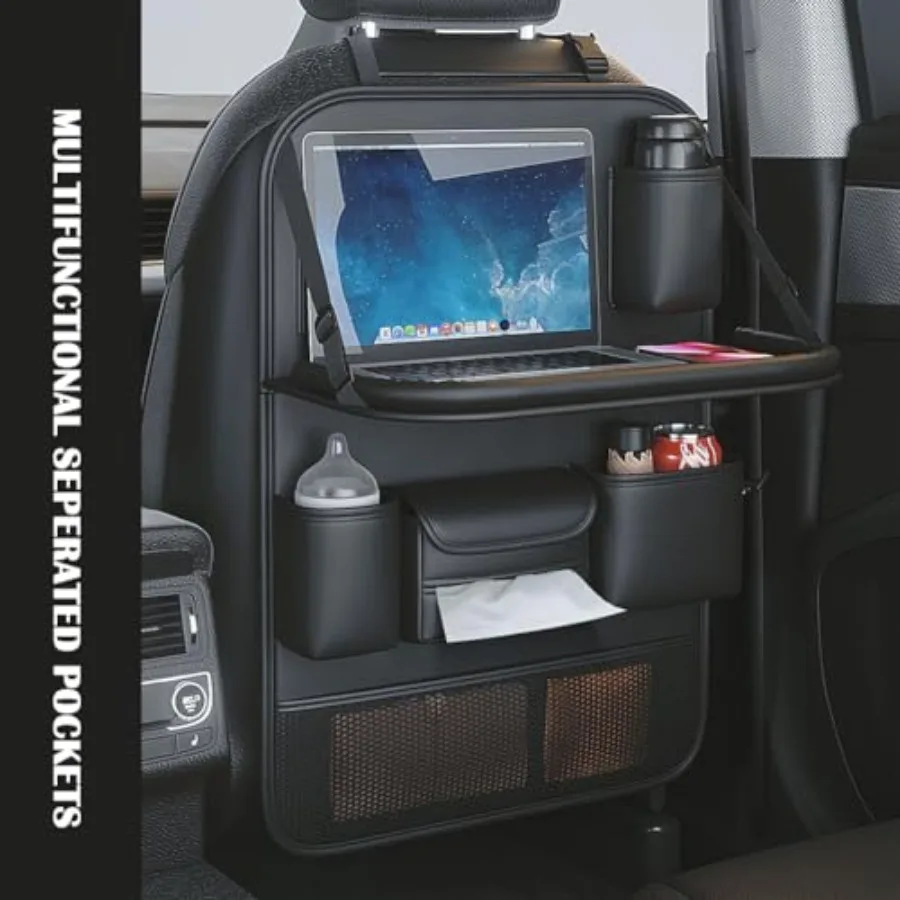 Car Backseat Organizer with Foldable Table Tray, Car Seat Back Protector with Touch Screen Phone Holder, Premium PU Leather Mat - view 4