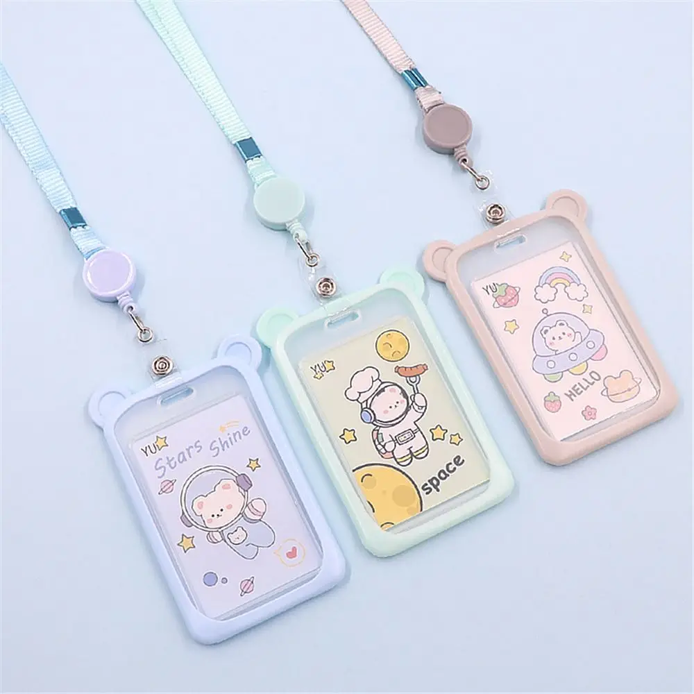 1PC Cartoon Bear Card Holder Bank Identity Bus ID Card Sleeve Case with Retractable Reel Lanyard Plastic Silicone Credit Cover