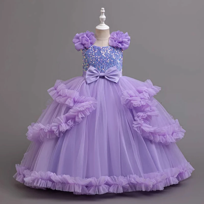 New elegant girl dress, tulle sequin long flower girl dress suitable 4-12 year old girl Christmas performance clothing
