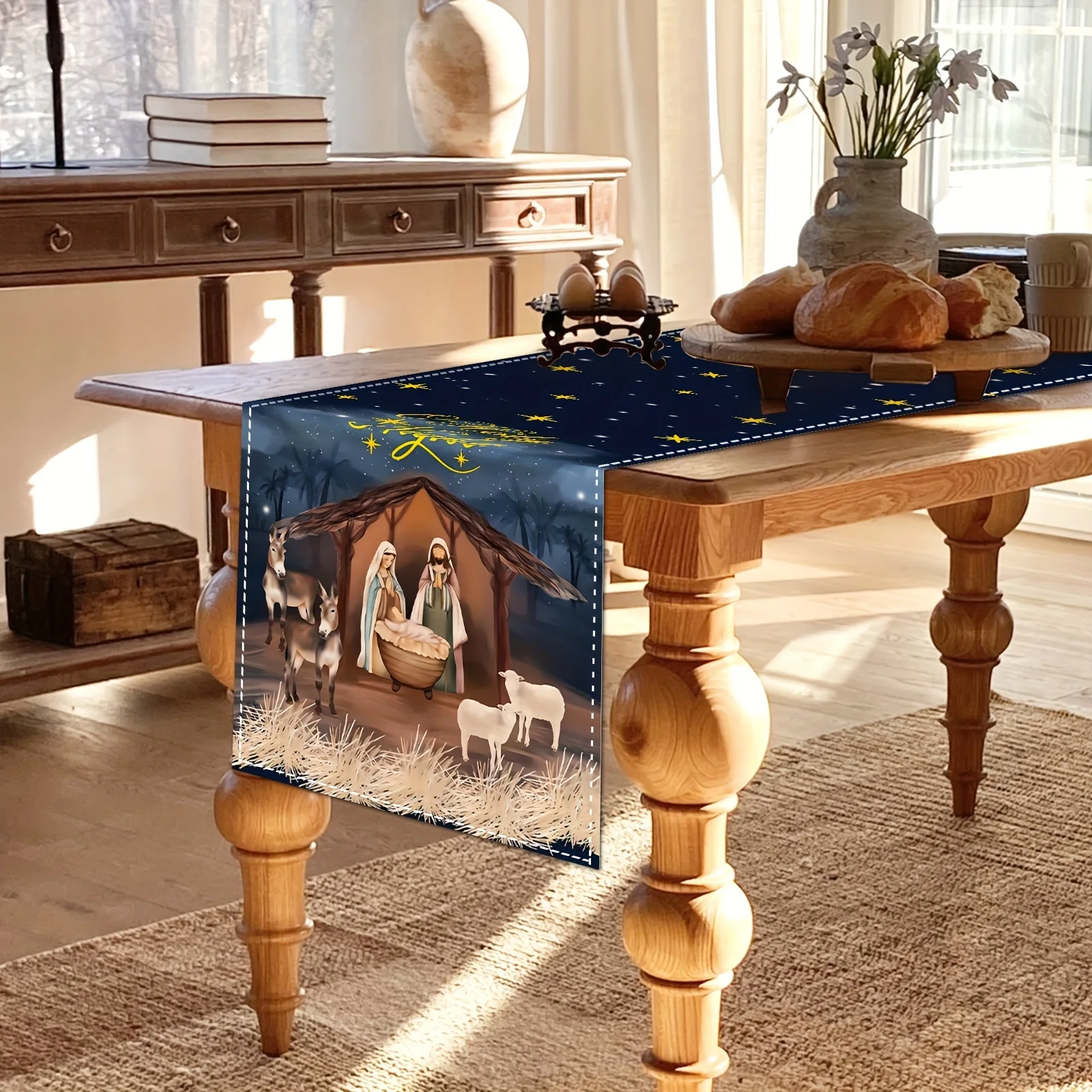 1 Piece of Christmas-Themed Table Runner, Nativity Scene Printed under the Starry Sky, Suitable for Christmas Religious Ceremonies, Church Events, European-Style Christmas Dinners, Holiday Family Gatherings, Religious Culture Salons, Christmas Market Stalls, Themed B&B Decorations, Church Gift Shops Around the Church