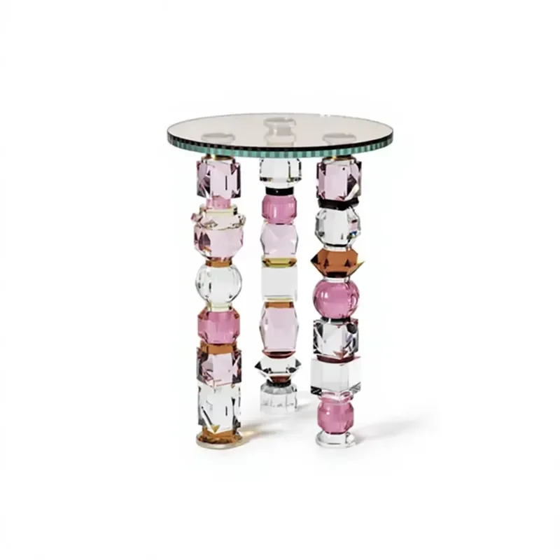 Luxury Hand Cut Crystal Rhododendron Side Table Multi Colored Round Glass Top Decorative End Table for Living Room Home