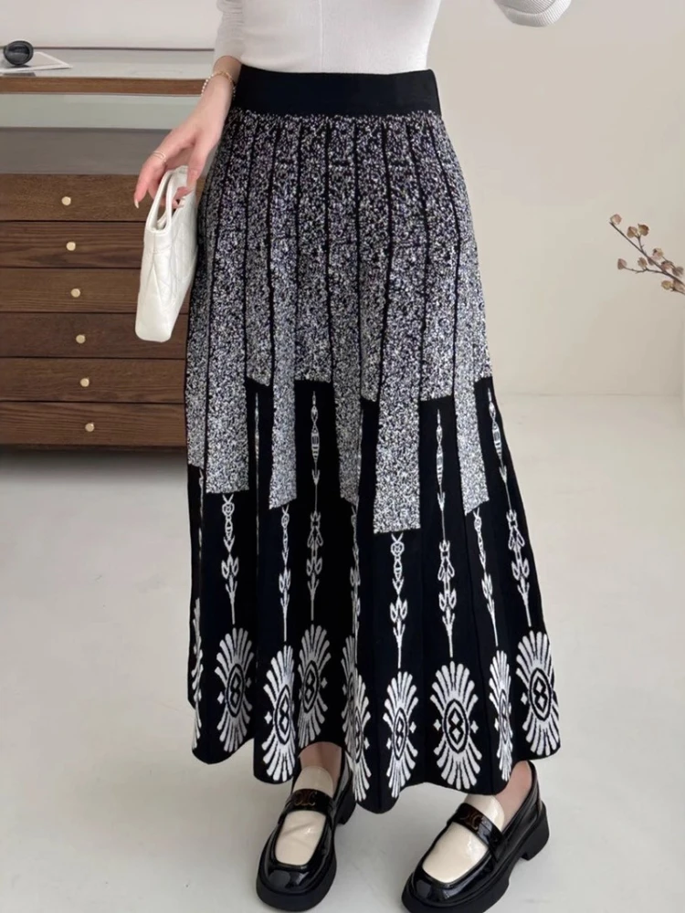 

Fashion Elegant Vintage Knit Skirts High Waist Jacquard Contrast Color Long Skirt 2025 Autumn Winter All Match Women's Clothing