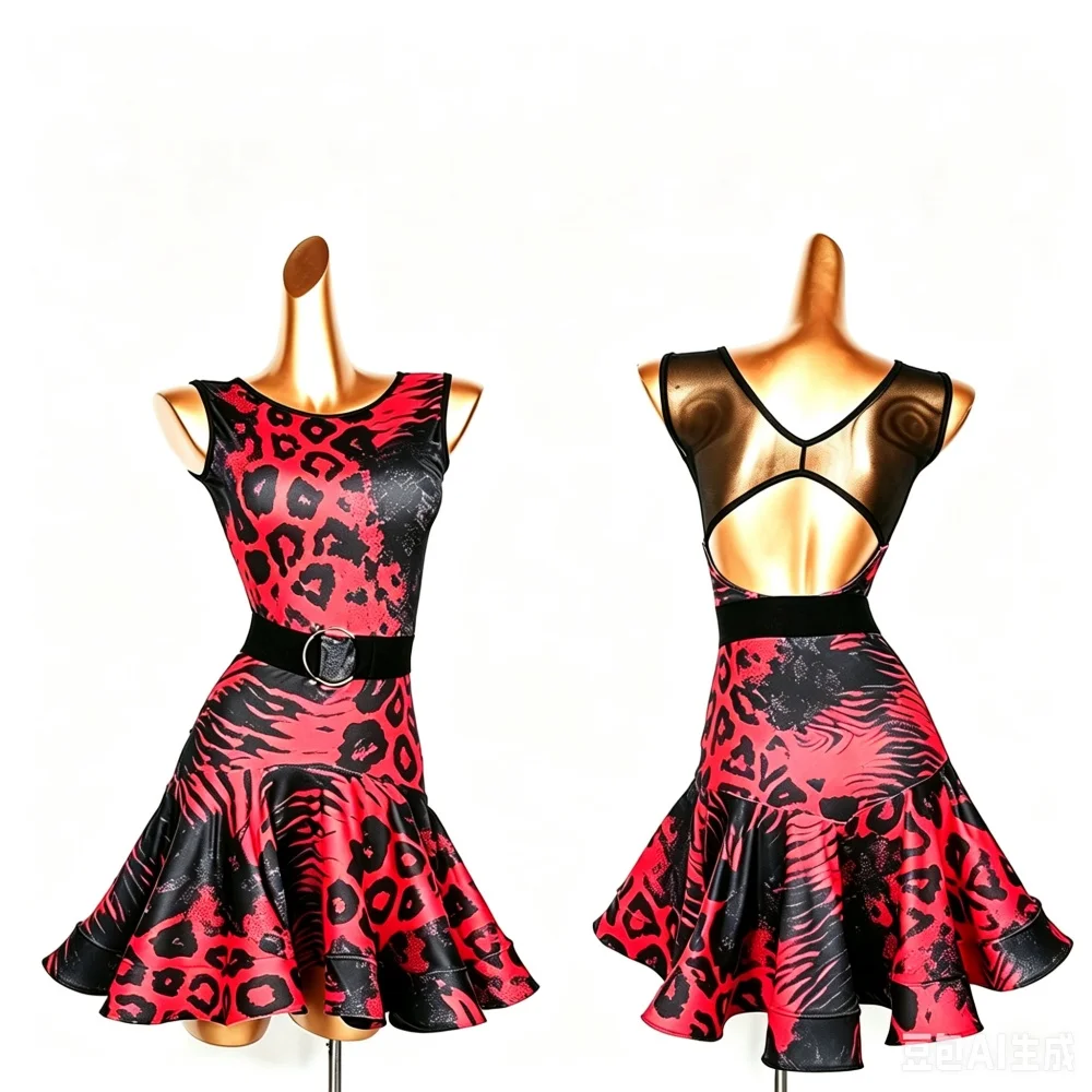 Professional Leopard Print Latin Dance Competition Dress Milk Satin Sleeveless Tango Samba Performance Dress