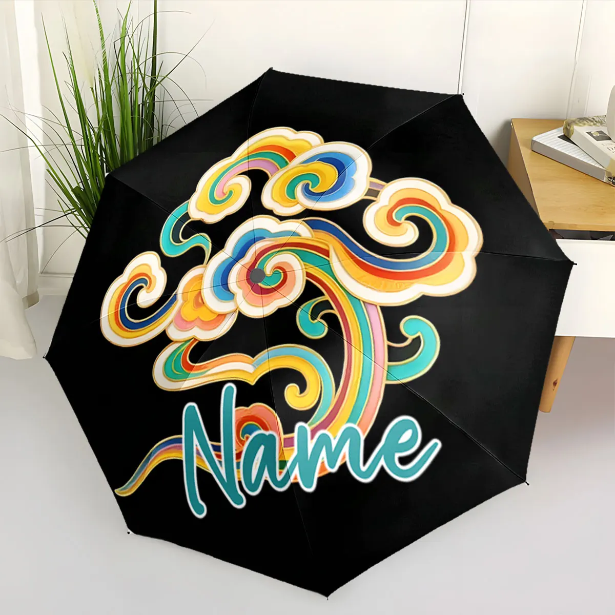 Custom Name Stylish Umbrella with Vibrant Cloud Design Print 8 Iron Ribs Folding Umbrella, Auto-Open Fashion Sunshade