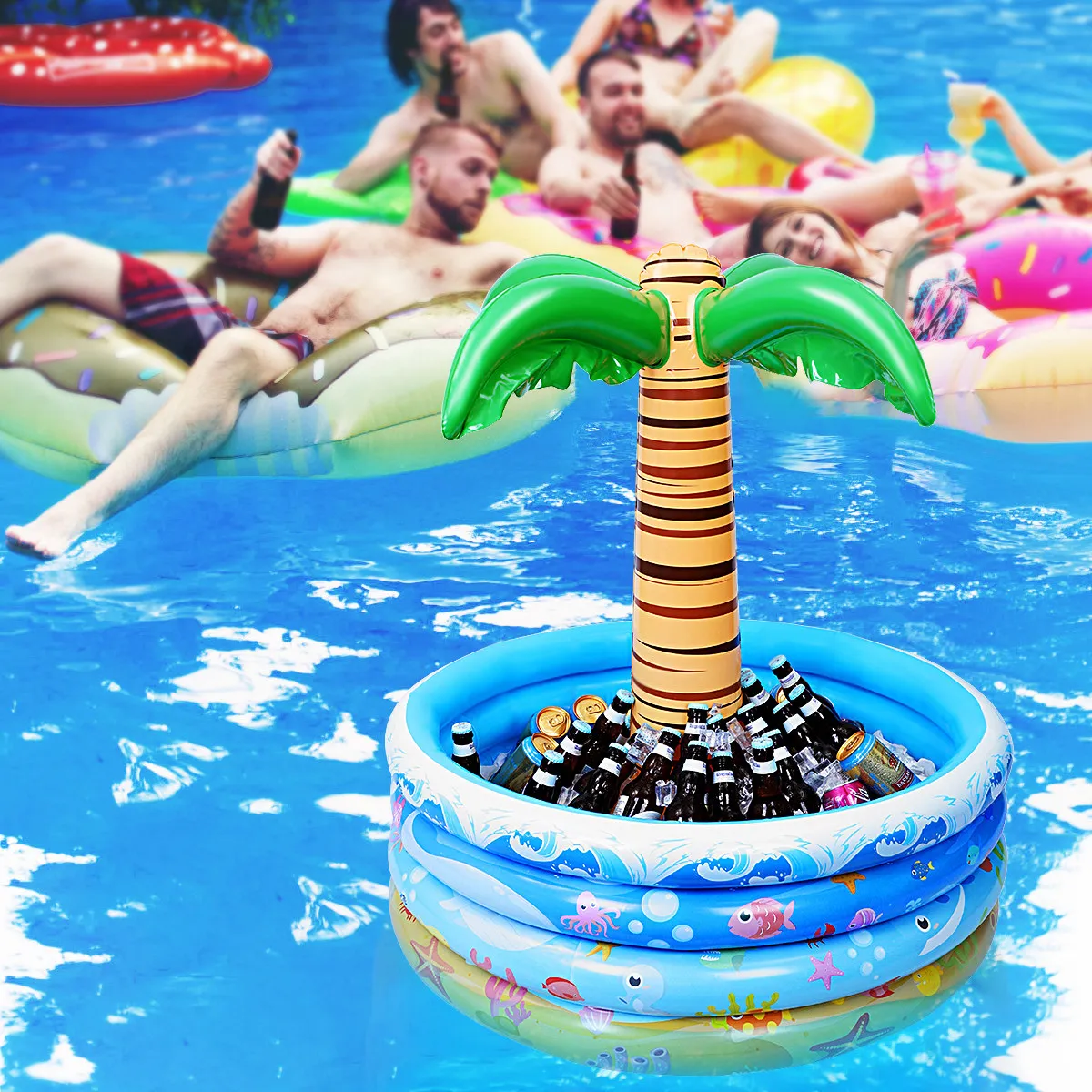 90x95cm Inflatable Palm Tree Drink Cooler Large Capacity Floating Pool Float for Hawaiian Party Beach Luau Tropical Theme Decor