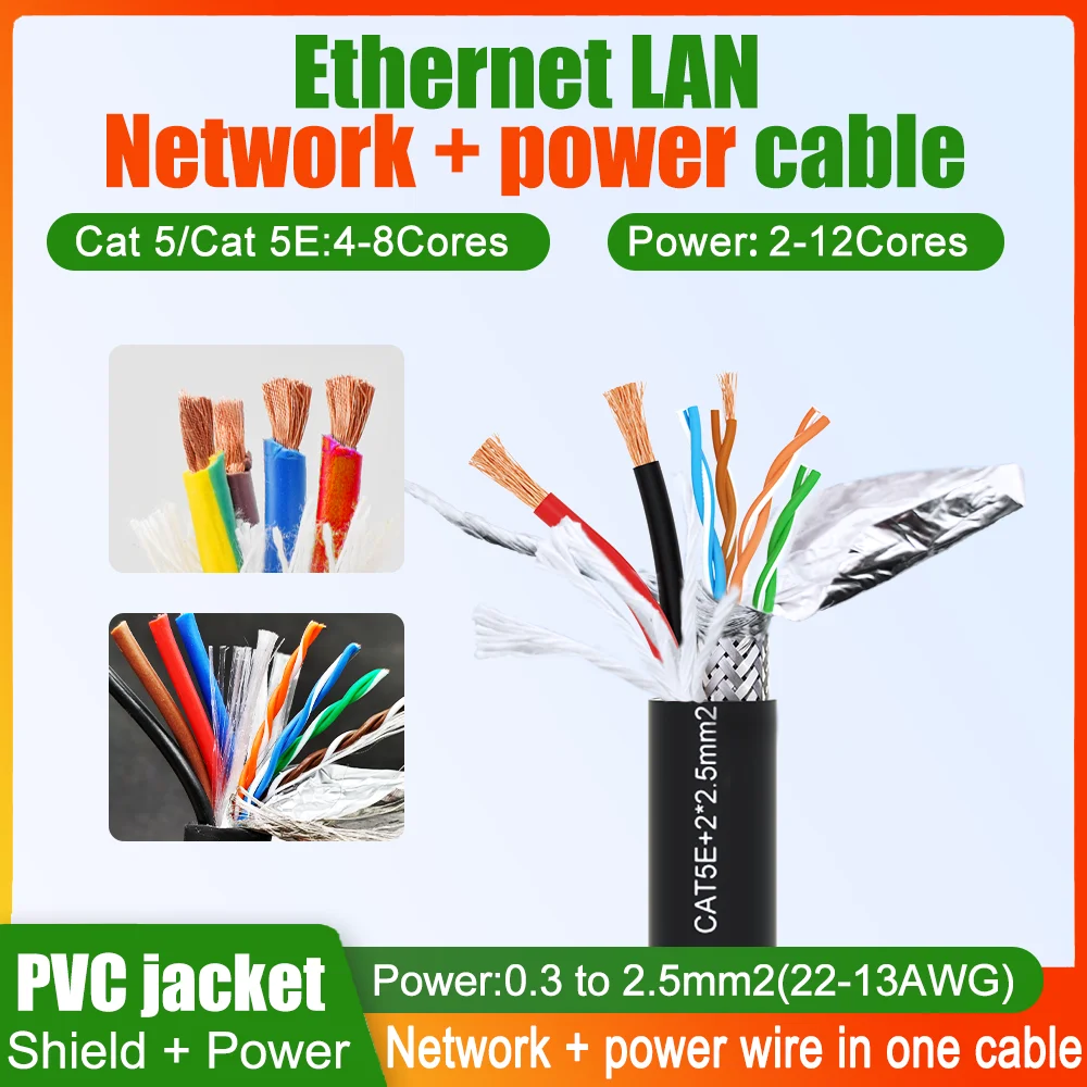 Cat 5E Ethernet LAN 4/8 Core Hybrid Cable with Power 2/3/4/6/8 Core Shield Twisted Pair Network Servo Motor Sensor Signal Wire