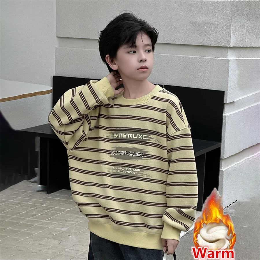 Children's Winter Insulated Striped Sweatshirt Trendy Design Kids Casual Warm Tops Boy Clothes Teenager Pullover Thermal Hoodie