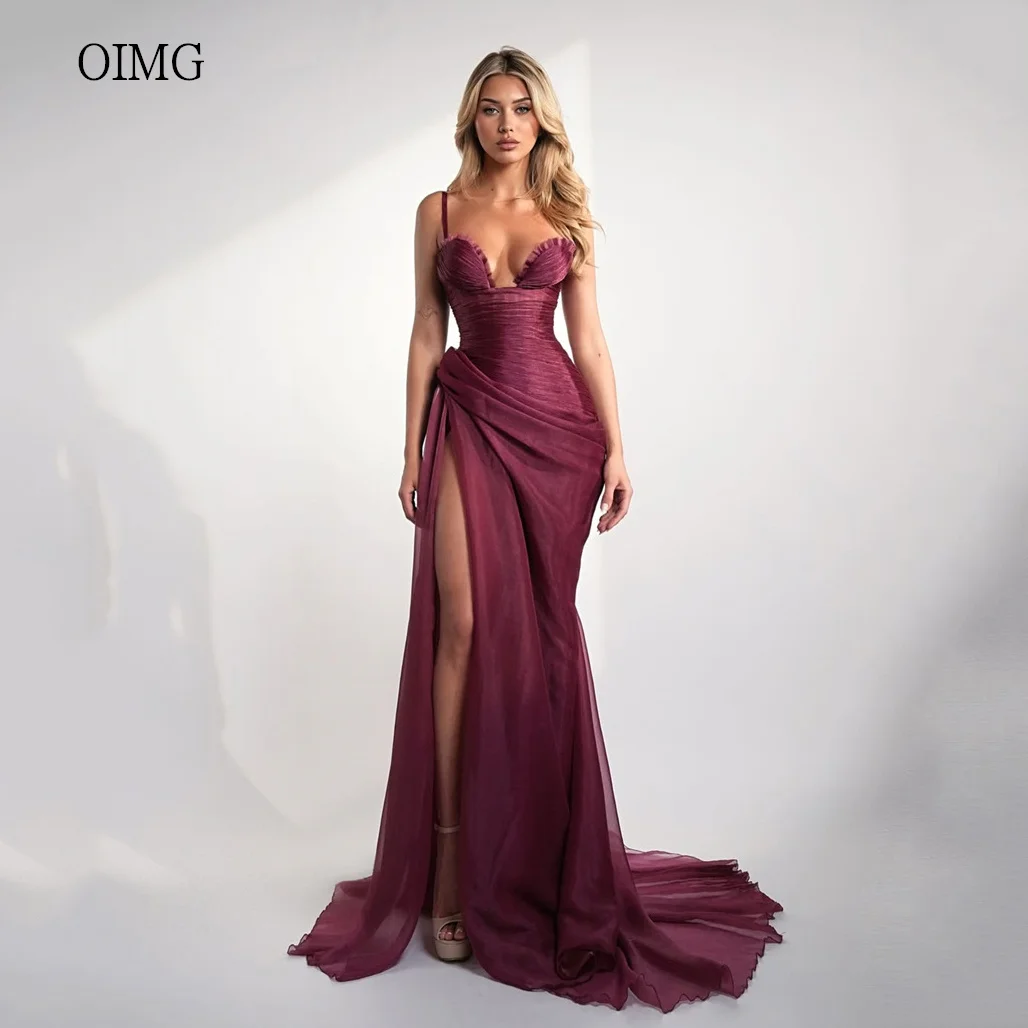 

OIMG Sexy Spaghetti Strap Mermaid Prom Gowns Sweetheart Neck Pleated Party Gown Side Slit Floor Length Evening Dress Customized
