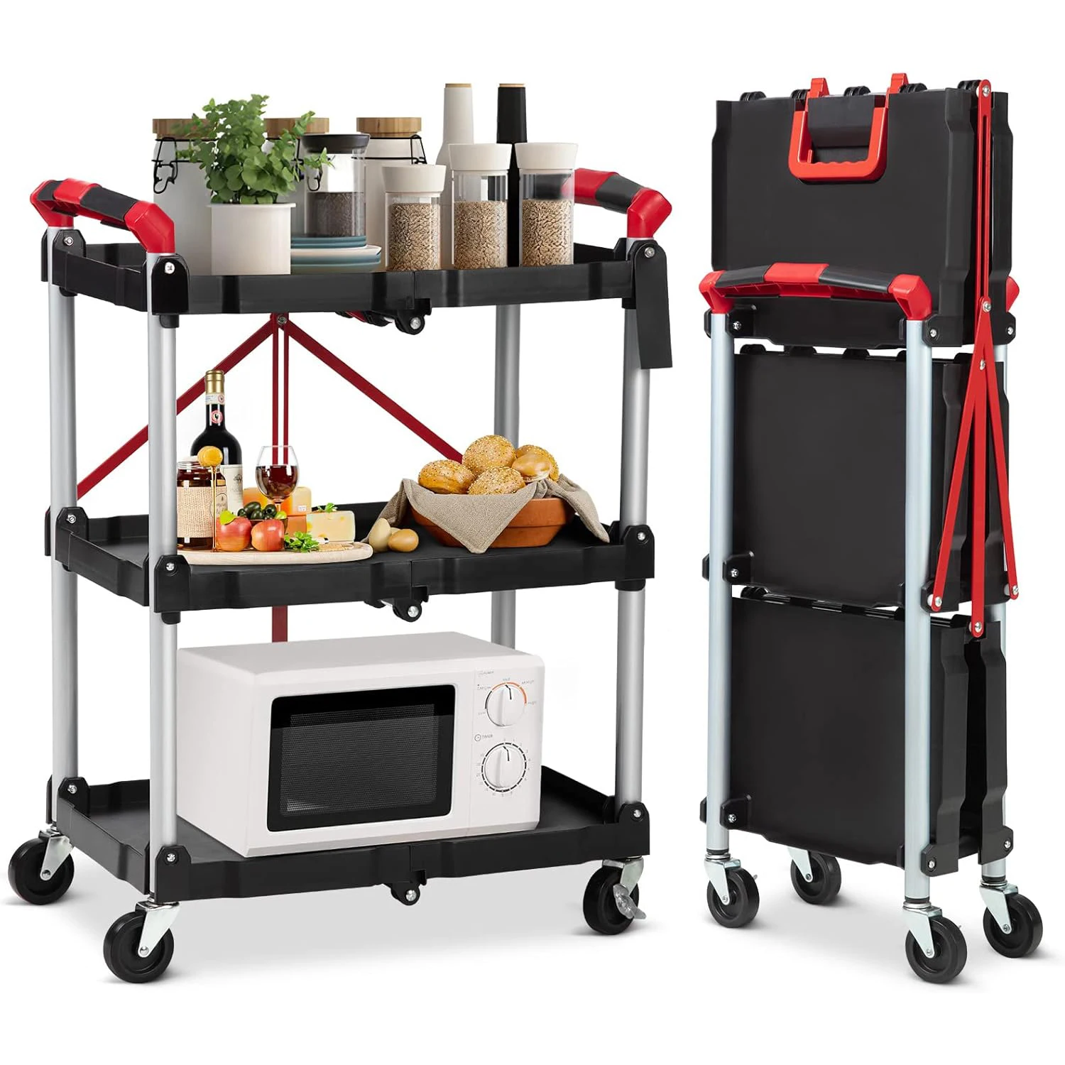 

Portable Folding Service Cart, 3 Tier Folding Utility Cart , Collapsible Utility Carts for Office, Warehouse, and Home Kitchen