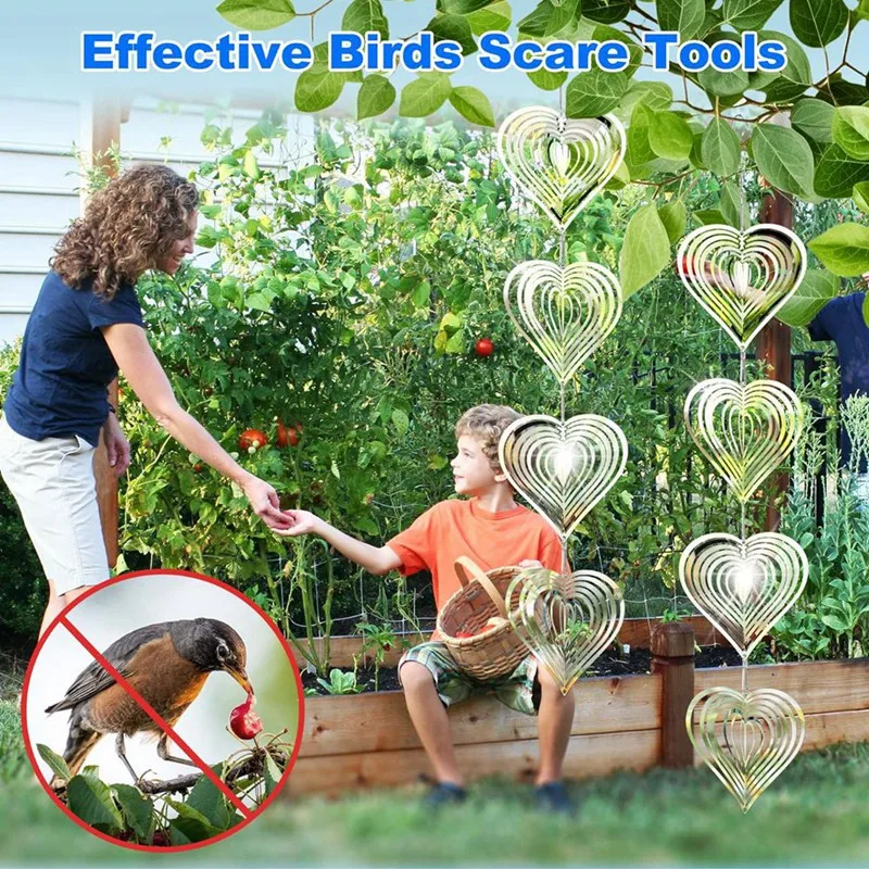 4PCS Heart Bird Scare Reflective Double-Sided Bird Reflectors, Sparkly Metal Wind Spinner Indoor Outdoor Garden Decor