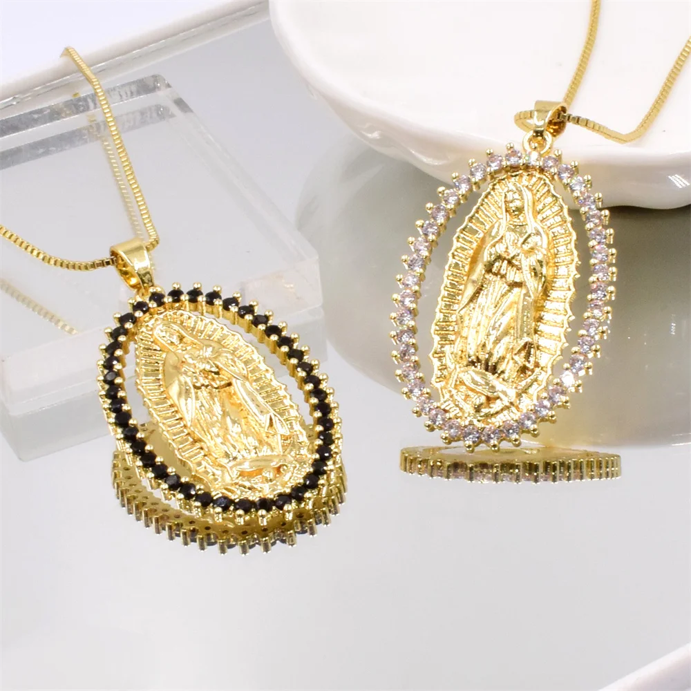 Fashion Virgin Mary Box Chain Necklace Our Lady of Guadalupe AAA Zirconia Gold Plated Pendant Necklace Religious Jewelry Gift