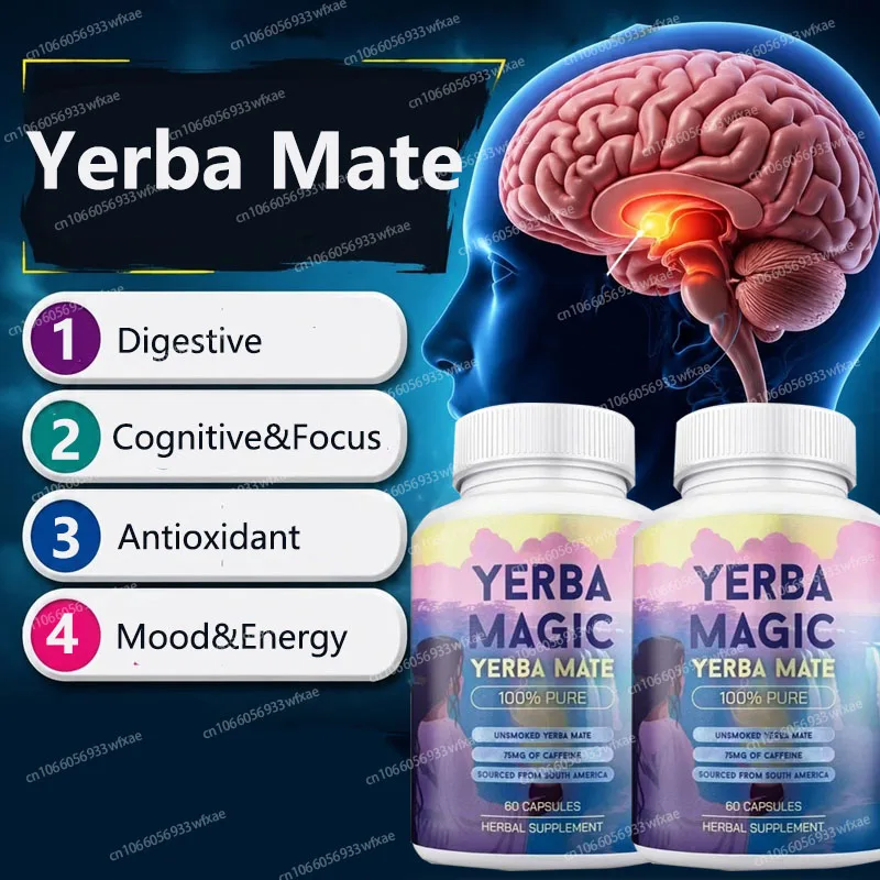 Yerba Mate Capsules Energy Supplement for Brain&Digestive Health Clean Energy Brain Fog,Gut Health and Improve Cognitive Ability