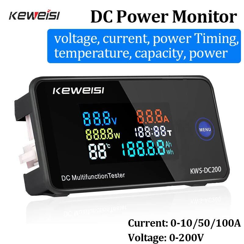 DC200 Digital Voltmeter KWS 50A/100A DC Power Monitor LED Color Display Voltmeter Ammeter Wattmeter Current Voltage Power Tester